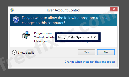 Screenshot where Indigo Byte Systems, LLC appears as the verified publisher in the UAC dialog